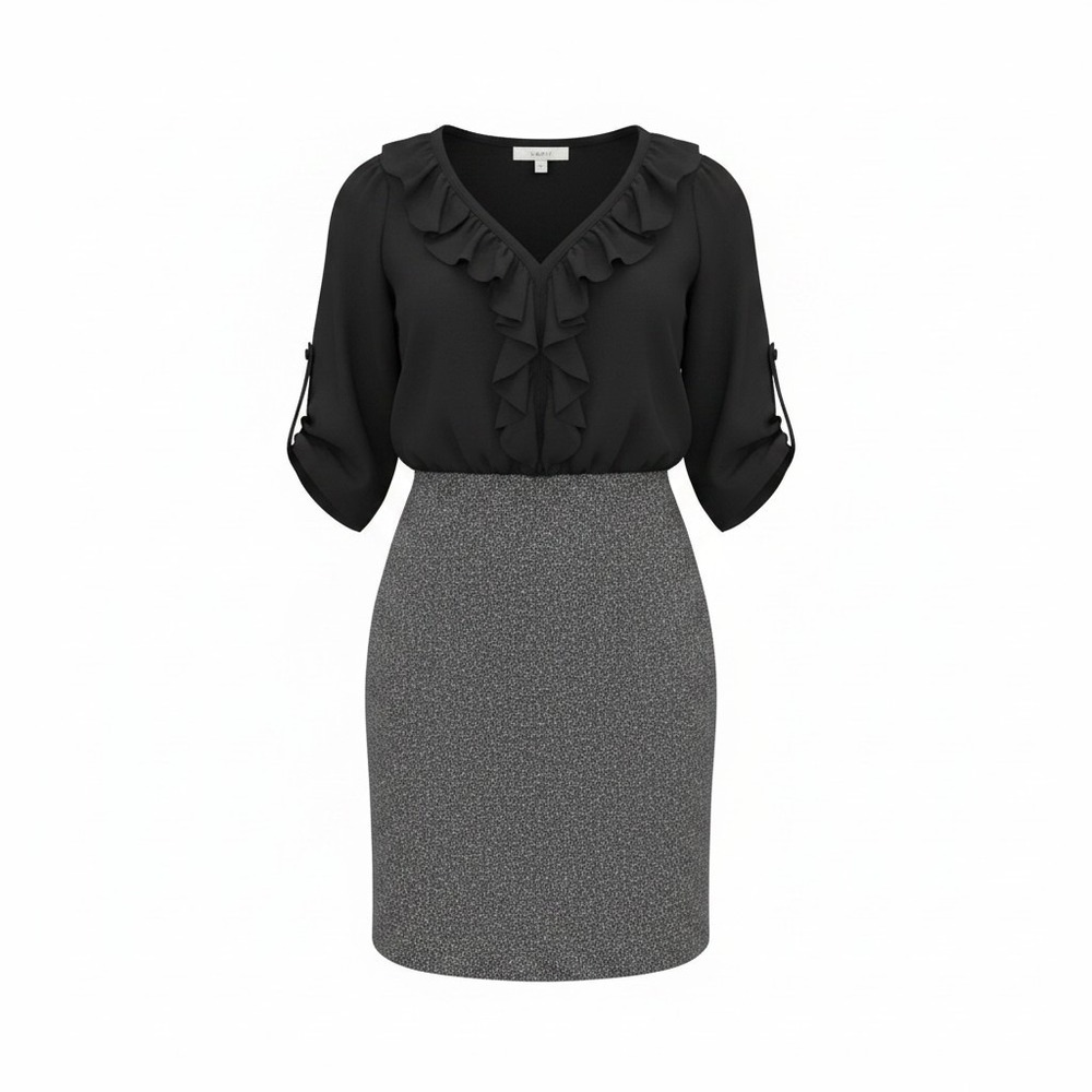 Ann Taylor Loft Black Ruffle Top Grey Wool Blend Tweed Skirt Sheath Dress Size 0 - Picture 1 of 8